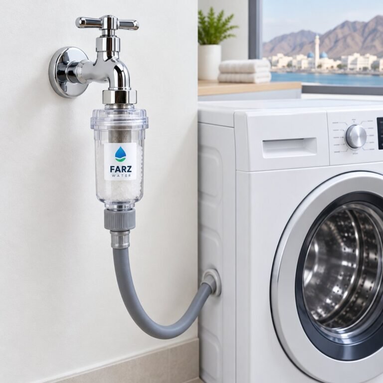Washing Machine Inlet Filter fitted to an inlet hose in a laundry room in Oman – Farz Water