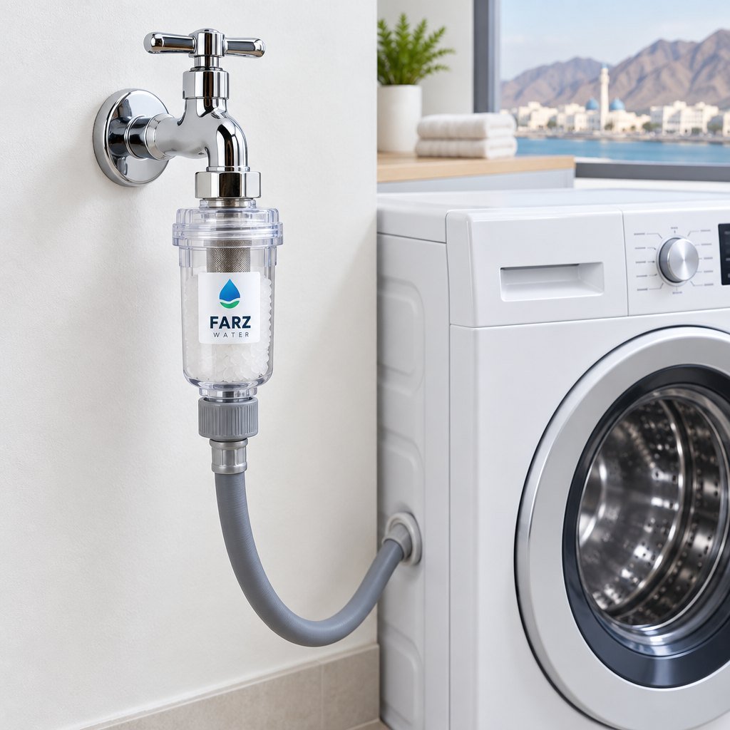 Washing Machine Inlet Filter fitted to an inlet hose in a laundry room in Oman – Farz Water