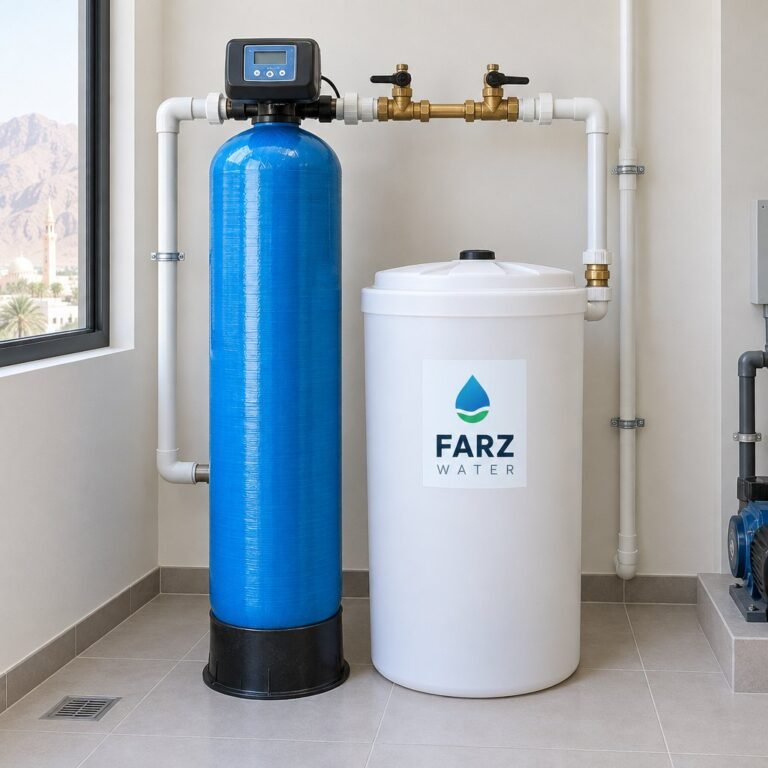 Water Softener 1354 with brine tank in a villa pump room in Muscat, Oman – Farz Water