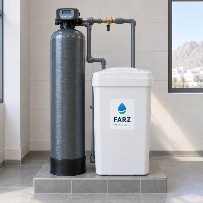 Water Softener 1465 with large brine tank in a plant room in Muscat, Oman – Farz Water