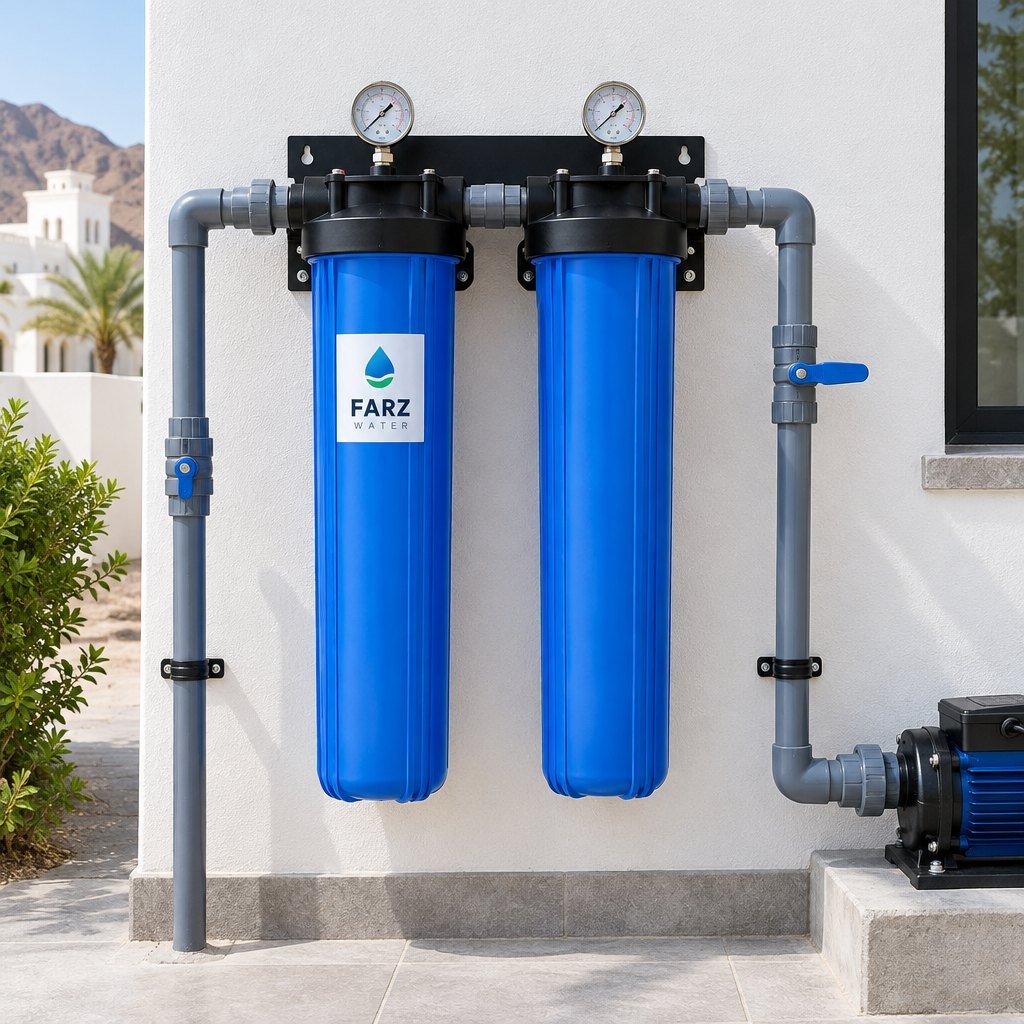 Whole House 2-Stage Big Blue Filter System on a villa wall in Muscat, Oman – Farz Water