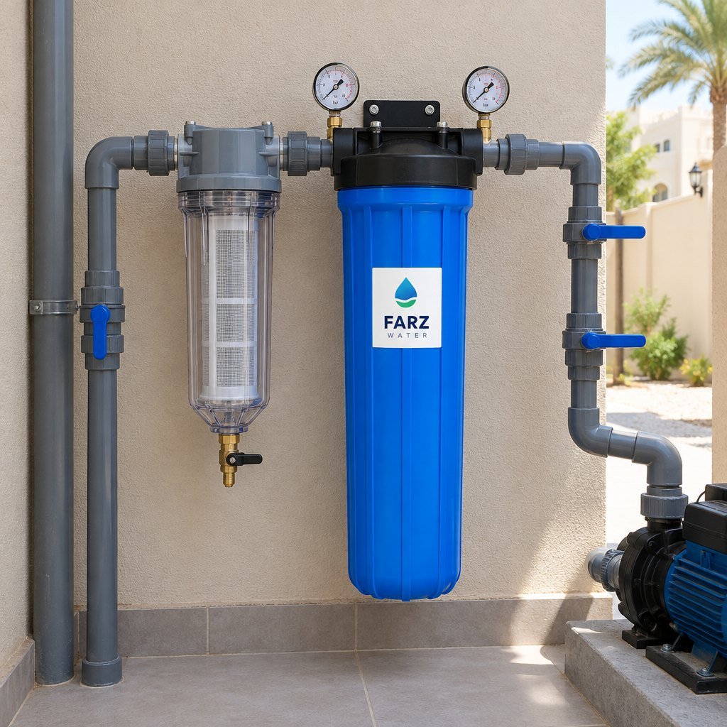 Whole-House Sediment Filter with spin-down and big blue housing at a villa in Oman – Farz Water