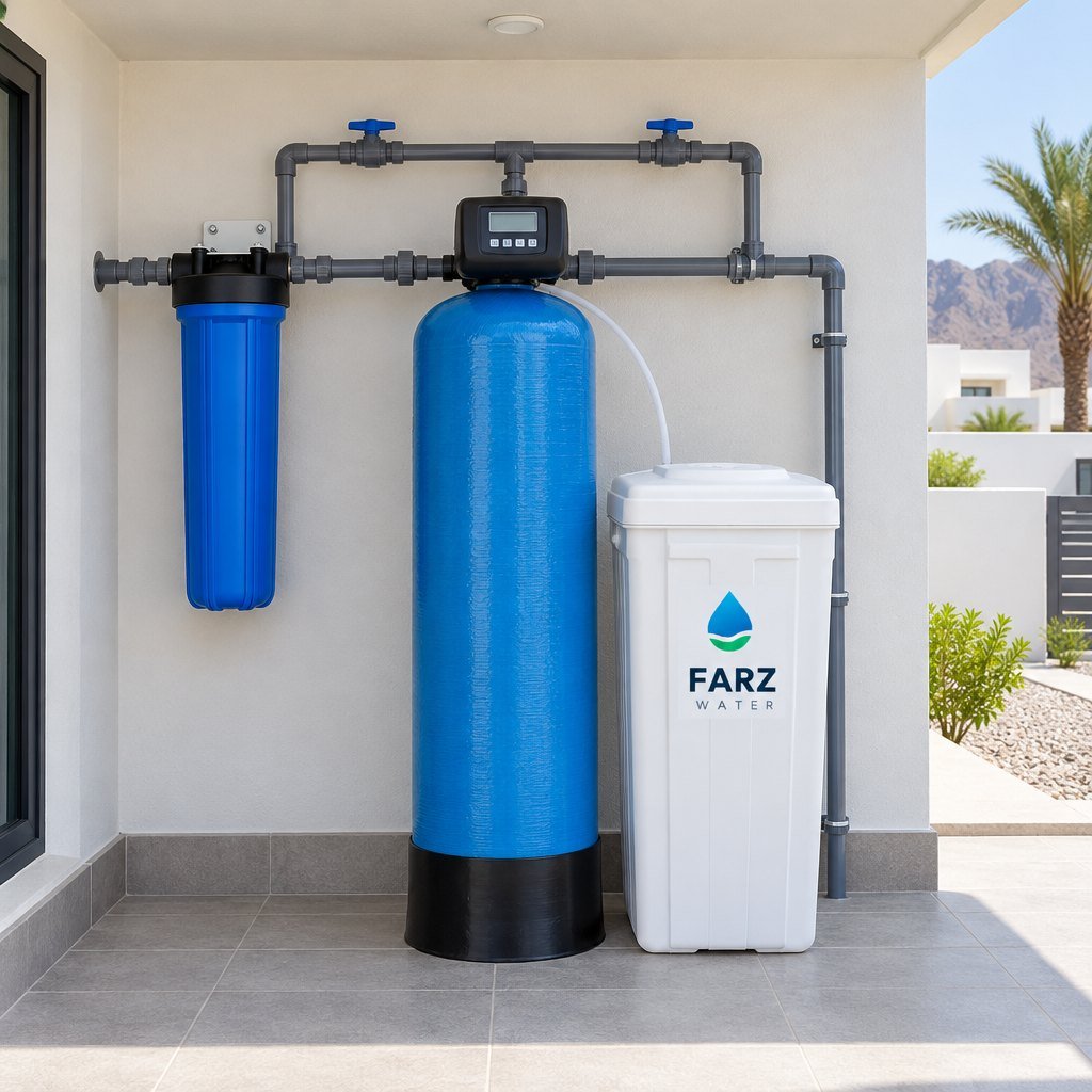 Whole-House Water Softener System with pre-filter installed at a villa in Muscat, Oman – Farz Water