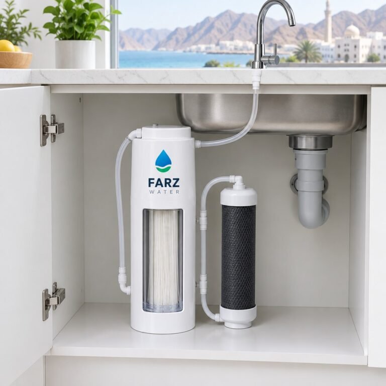 Zero-Waste Under-Sink Purifier ultrafiltration unit in a kitchen cabinet in Oman – Farz Water
